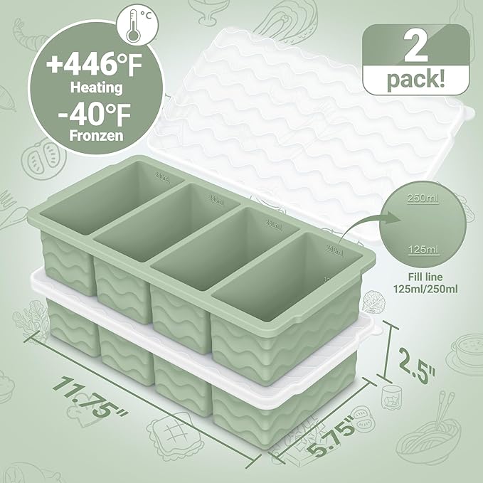 Silicone Freezer Tray for Soup with Lid – 1-Cup Soup Container Cube Style Ice Cube Trays for Freezer, Meal Prep & Food Storage, Freeze 250mL/125mL Portions – 2 Pack