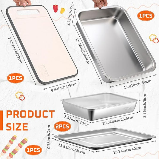 5 Pcs Grill Prep Trays Set BBQ Prep and Serve Include Stainless Steel Deep Grilling Platter Shallow BBQ Serving Tray Cutting Board 2 Pcs Marinade Containers with Lids