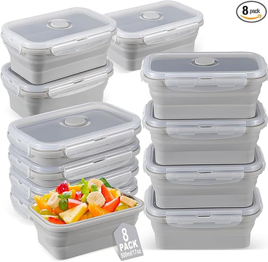 Mifoci Set of 8 Silicone Collapsible Food Storage Containers 17 oz Collapsible Meal Prep Container Square Bowl with Vent Lids, Microwave, Freezer and Dishwasher Safe(Gray)