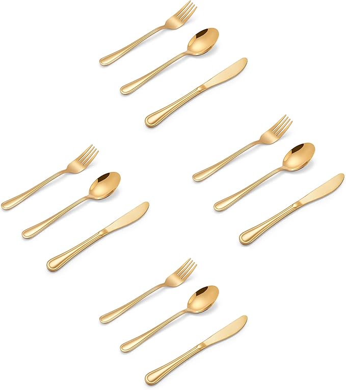 LIANYU 12-Piece Gold Kids Silverware Set, Stainless Steel Toddler Utensils Flatware Set, Child Cutlery Tableware for 4, Include Knife Fork Spoon, Mirror Finished, Dishwasher Safe