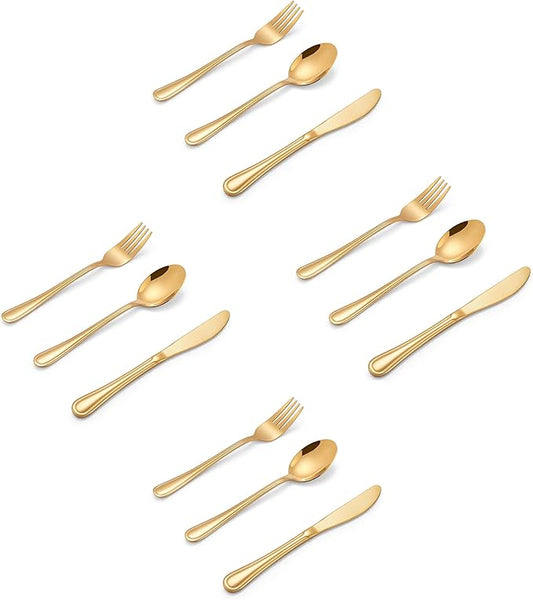 LIANYU 12-Piece Gold Kids Silverware Set, Stainless Steel Toddler Utensils Flatware Set, Child Cutlery Tableware for 4, Include Knife Fork Spoon, Mirror Finished, Dishwasher Safe