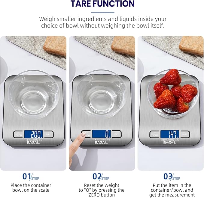 BAGAIL BASICS Digital Kitchen Scale, Premium Stainless Steel Food Scales Weight Grams and Oz for Baking and Cooking, 11lb/5kg with 0.1oz/1g Precision