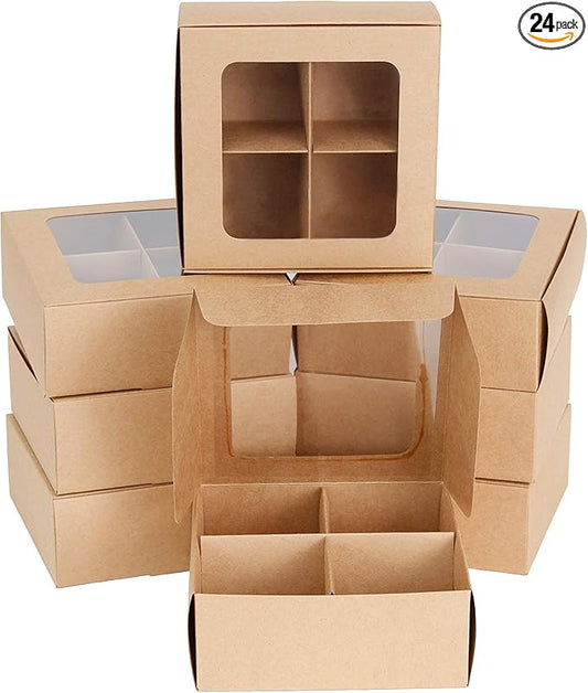 Treat boxes with window and dividers | 4 MEDIUM compartments | 6 x 6 x 2.4 in | Valentine treat boxes, baked goods packaging, box for cookies, pastry packaging | 24-pack (Kraft)