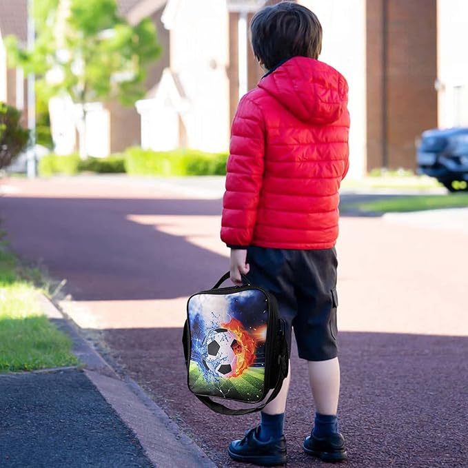 Insulated Lunch Bag for Girls&Boys, Kids Lunch Box, Soccer Lunch Bag with Shoulder Strap, School Bento Lunch Box for Kids Toddlers Teens, Black White Football Reusable Cooler Thermal Meal Tote Kit