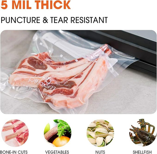 Vesta Precision Premium Vacuum Sealer Bags Rolls - 8” x 20’ (2 Rolls) | 11” x 16’ (3 Rolls) 5 Mil Thickness, Puncture Resistant, Ideal for Food Storage, Meal Prep, and Sous Vide
