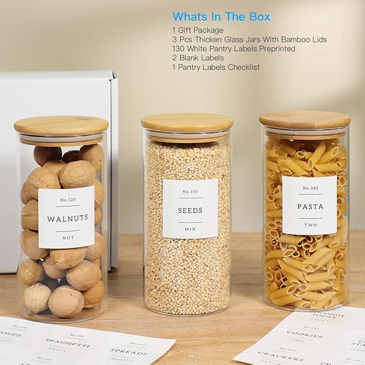 3 Pack Glass Jar with Airtight Bamboo Lid and White 132 Kichen Pantry Labels Preprinted - 44 Oz Clear Tall Glass Food Storage Containers set For Cereal Rice Oat Sugar Tea Coffee Beans