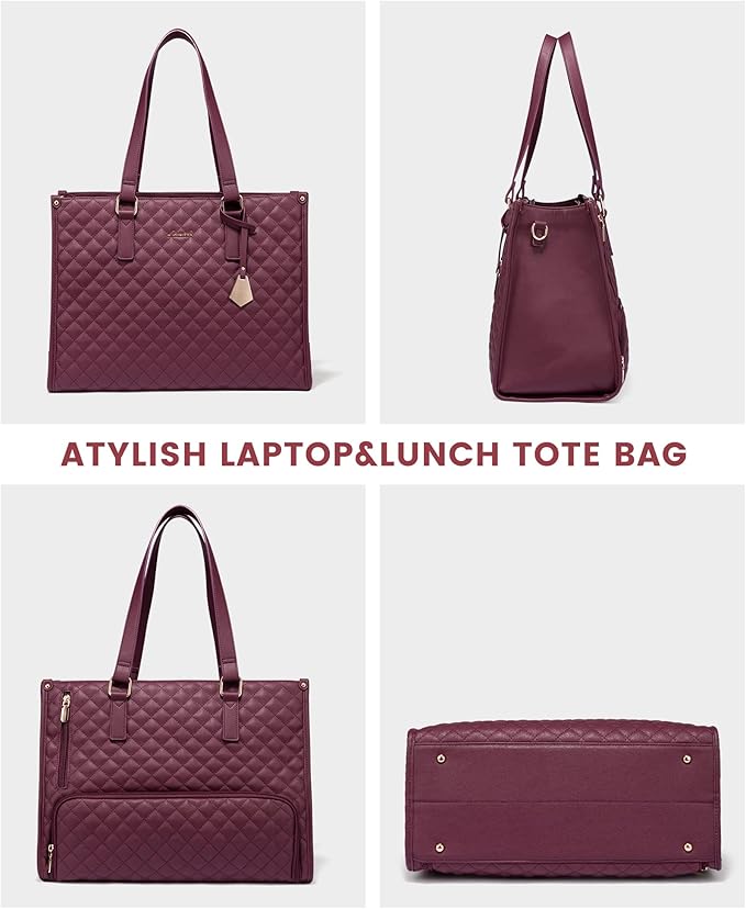 LOVEVOOK Lunch Tote Bag for Women, 15.6 Inch Laptop Bag with Insulated Lunch Compartment, Quilted Large Capacity Computer Handbag with Purse for Business, Work, Nurse, Collage, Office, Casual, Wine