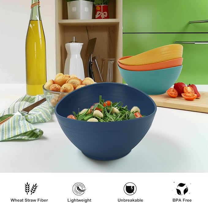 65 OZ Wheat Straw Bowls Set of 4, Large Unbreakable Salad Bowls, Microwave & Dishwasher Safe Serving Bowl, Kitchen Bowl Mixing Bowl for Salad, Cereal, Soup and Oatmeal (Multicolor)