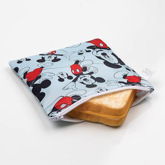 Bumkins Disney Reusable Sandwich and Snack Bags, for Kids School Lunch and for Adults Portion, Washable Fabric, Waterproof Cloth Zip Bag, Travel Pouch, Food-Safe, Large, Mickey Mouse Classic