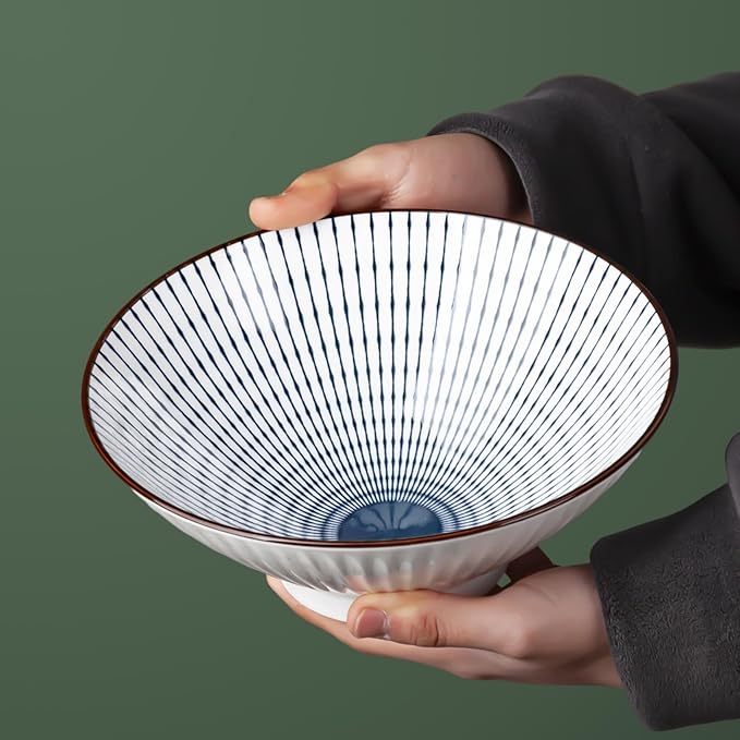 38 oz Japanese Ramen Bowl Set of 4 - Large 8 Inch Ceramic Soup Bowls, Blue and White Japanese Noodle Bowls for Pho, Ramen, and Cereal - Striped Patterns