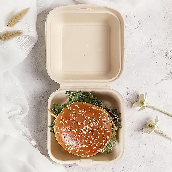 Clamshell Take Out Food Containers,100 Pcs Compostable To Go Boxes, 6 x 6 inch Sugarcane Fiber Containers for Salad Cake Sandwiches,Heavy-Duty Disposable Lunch Box,Microwave-Safe