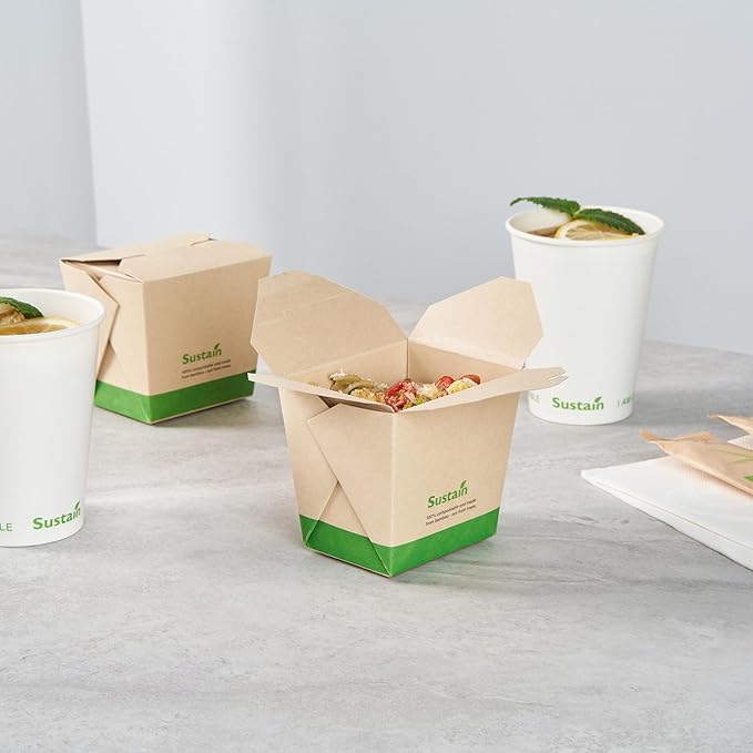 Restaurantware Sustain 16 Ounce Sturdy Paper Take Out Boxes, 50 Disposable Take Out Food Containers - With PLA lining, Compostable, Bamboo Paper Containers, Built-In Tab-Lock Cover, Greaseproof
