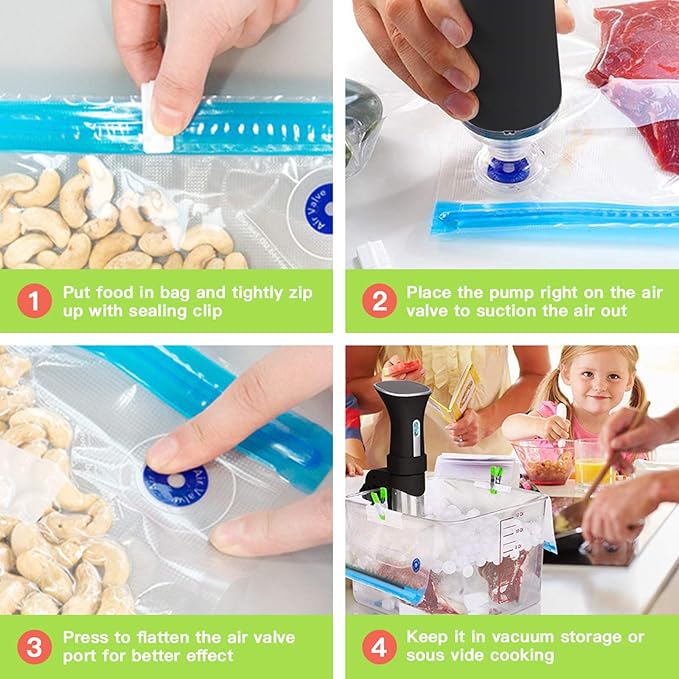 Sous Vide Bags Kit for Anova and Joule Cookers – 40 PCS Reusable Vacuum Food Storage Bags with Electric Pump, 2 Sealing Clips and 6 Sous Vide Clips – Ideal for Sous Vide Cooking and Food Freezer.