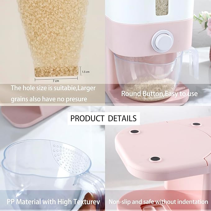 Rubtlamp 22.5-25 Lbs Pink Rice Dispenser, Rice Storage Container, Pink Rice Storage Container with Measuring Cup, Rice Holder Bucket for Household Kitchen Rice Soybean Corn