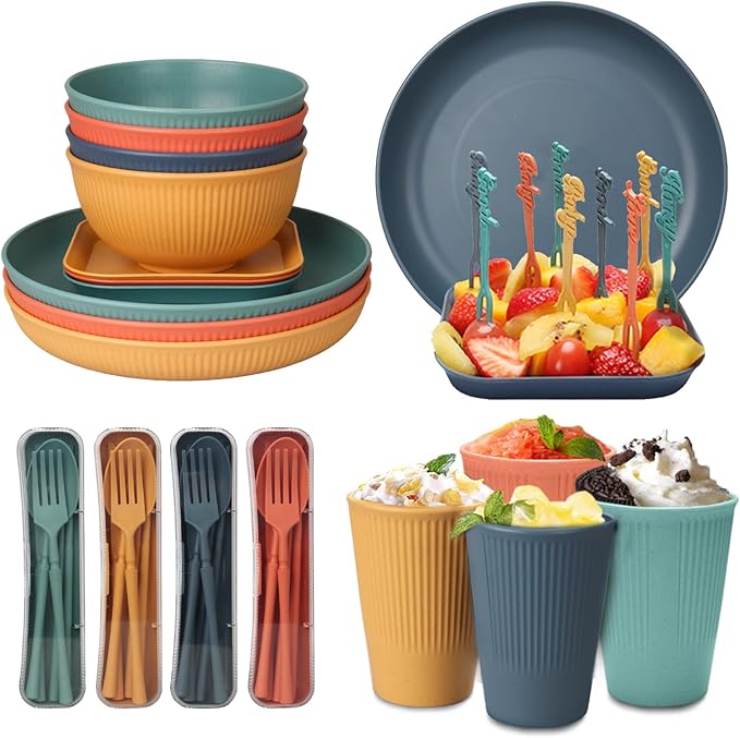 48 Pcs Dinnerware Sets, Unbreakable Plates and Bowls Sets, Reusable Dinnerware Sets for 4 People, Travel Camping Picnic Home Party Cutlery Set, Dishwasher Microwave Safe Dishes