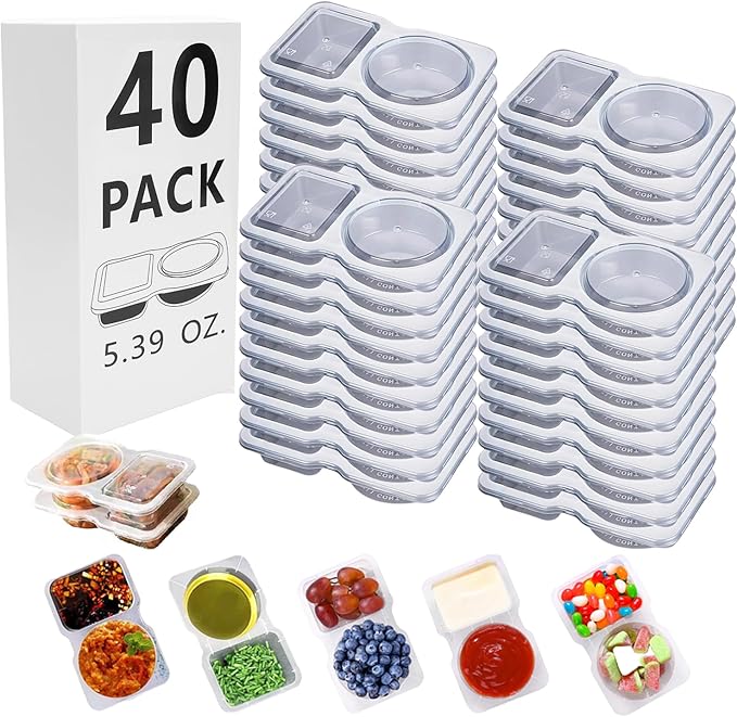 40 Sets Reusable Snack Containers Bulk , Double Compartment Snackle Box Container with Lids - Leak-Proof BPA-Free Food Storage, Condiments Portion Control Dip Cups for Kids School Lunches, Meal Prep