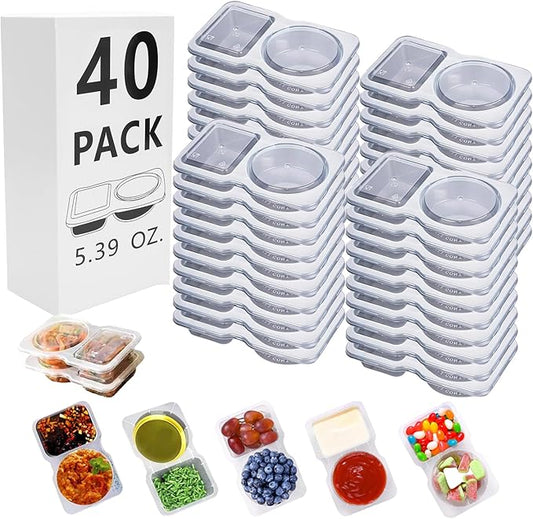 40 Sets Reusable Snack Containers Bulk , Double Compartment Snackle Box Container with Lids - Leak-Proof BPA-Free Food Storage, Condiments Portion Control Dip Cups for Kids School Lunches, Meal Prep