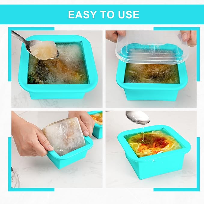 Silicone Freezer Tray with Lid 2 Pack Silicone Freezer Molds Ice Cube Tray Makes 2 Perfect 2 Cup Portions Soup Cubes Meal Prep Containers - Oven & Dishwasher Safe