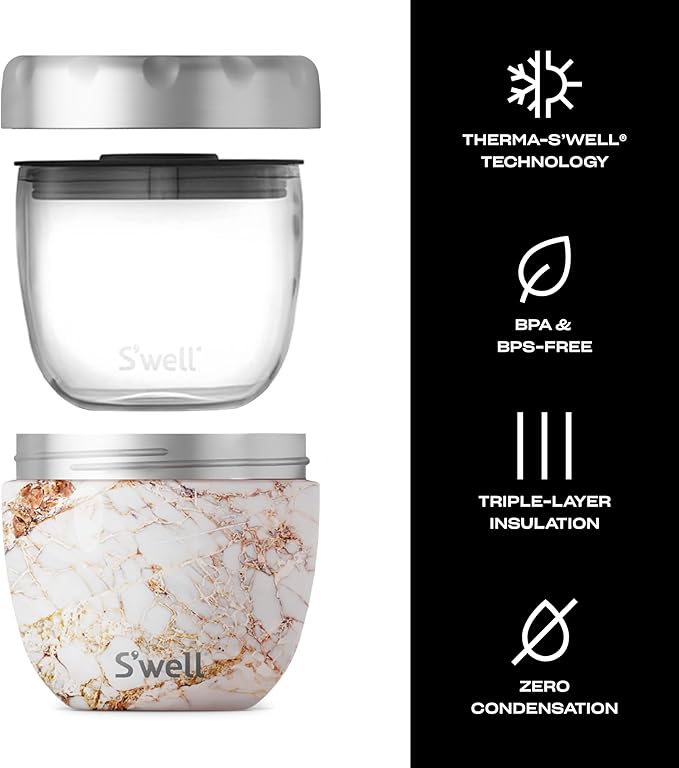 S'well Eats Stainless Steel Food Bowls, 21.5oz, Calacatta Gold, Triple-Layered Vacuum-Insulated Containers Keeps Food Cold for 11 Hours and Hot for 7 hours, Condensation Free, BPA Free