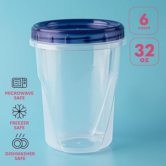 Plastic Food Deli Soup Containers With Twist Top Lids - (32 Oz) - [6 Pack] - Soup & Food Storage Containers Takeout To Go - Airtight Plastic Containers - Microwave, Freezer & Dishwasher Safe BPA-Free