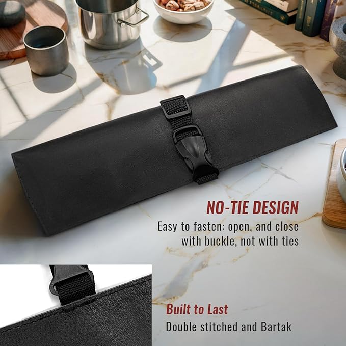 Under NY Sky Genuine Leather Knife Roll Case - 2 Slots - Real Leather Pouch - Portable Bag for Cooking Tools, Utensils, Cutlery Knives, Brushes - Chefs, Kitchen, Travel, Gift - Black L