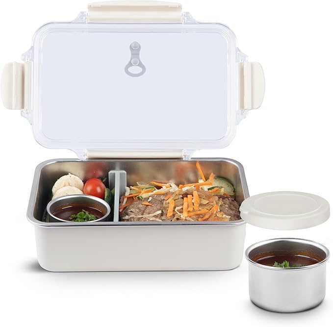 Bliss - Stainless Steel Leak Proof Bento Lunch Box, Meal Prep container for Adults; 3 Compartments, Modern bento Box, Microwave Safe| Lunchbox| Bentobox | Lunch container (Vanilla, 42 OZ)