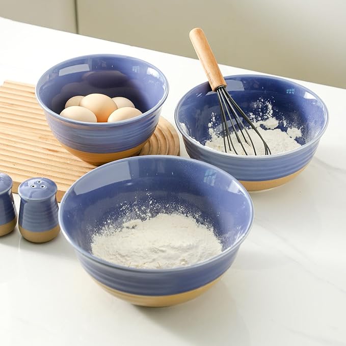 Hasense Ceramic Serving Mixing Bowls Set, 2.1/1.5/1.0 Qt Large Bowls for Cooking, Baking, Prepping, Soup, Stackable Salad Bowls for Kitchen, Holiday Gift, Set of 3, Purple