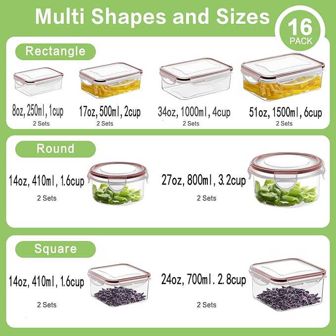 HOMBERKING 32 Pieces Food Storage Containers Set with Snap Lids (16 Lids + 16 Containers), Meal Prep Airtight Plastic Containers, BPA-Free Lunch Containers for Kitchen Organization, Pantry, Home, Red