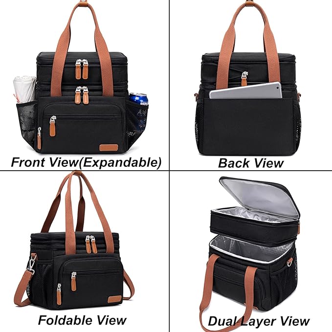 Weitars Lunch Bag For Women Men-Dual Compartment Large Lunch Box For Men Adult Lunch Box For Nurse Office Working Picnic Hiking (15L, Black/kahki)