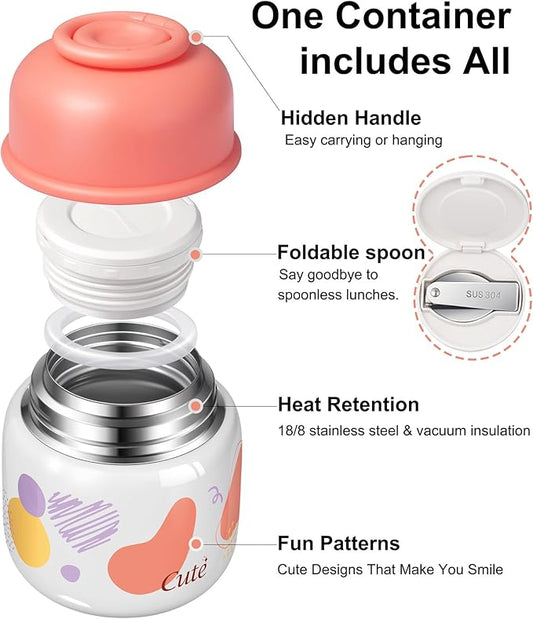KTKUDY 17 oz Thermo for Hot Food - Stainless Steel Insulated Food Jar with Folding Spoon - Wide Mouth Soup Thermos for Kids & Adults - Thermal Lunch Container - Keeps Hot 12H / Cold 20H