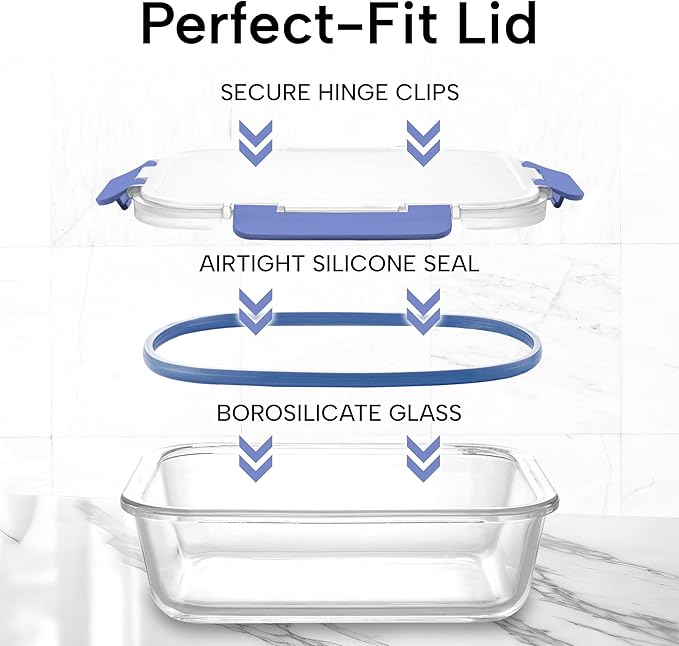 Zulay Kitchen 12 Pack Glass Meal Prep Containers with Lids - Airtight, Premium Borosilicate Glass Food Storage Containers - Microwave, Freezer & Oven Safe, BPA Free - Periwinkle