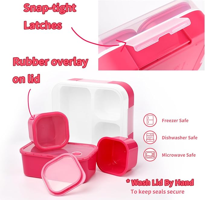 Genteen Small Kids Snack Containers for School 3 Compartment Travel Snack Containers with Dividers Portion Control Lunch box for Kids with Leak-proof Lids BPA Free (Dark Pink + Blue)
