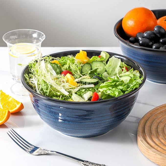 Large Serving Bowls, 84 Ounce Ceramic Salad Bowls Set of 2 for Kitchen Space Saving Storage, Porcelain Nesting Bowls for Cooking,Popcorn,Soup,Pasta,Fruit, Microwave & Dishwasher Safe, Blue
