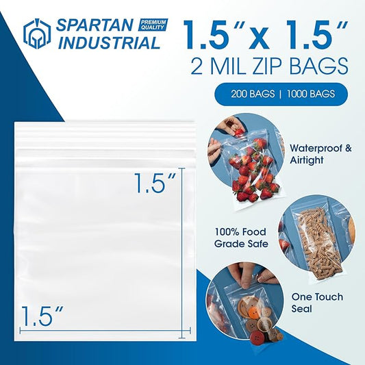 Spartan Industrial - 1.5” X 1.5” (200 Count) 2 Mil Clear Reclosable Zip Plastic Poly Bags with Resealable Lock Seal Zipper
