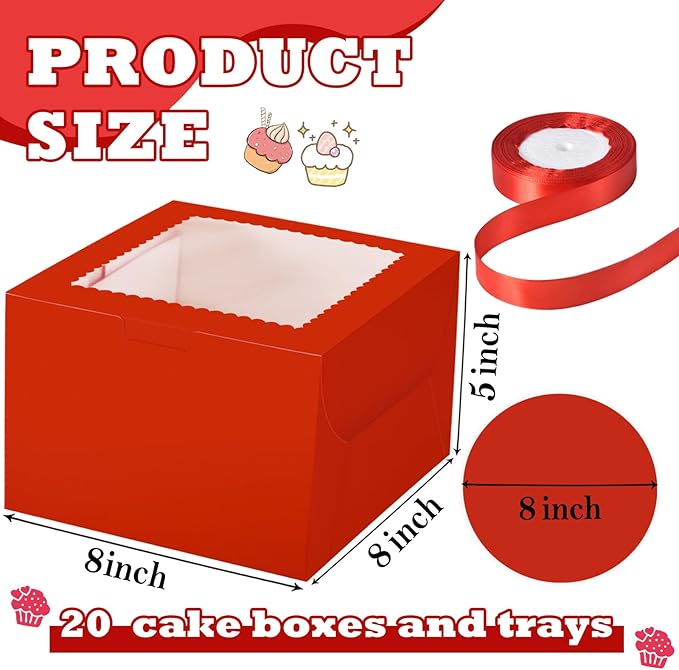 KPOSIYA 40pcs 8x8x5 inches Cake Boxes with Cake Boards（20 Boxes & 20 Boards）, Red 8 inch Cake Boxes with Window,Cajas Pasteles Square Cardboard Cake Containers for Christmas Thanksgiving