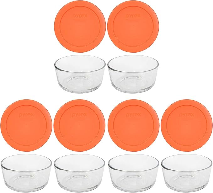 Pyrex (6 7200 2 Cup Glass Dishes & (6) 7200-PC 2 Cup Orange Lids