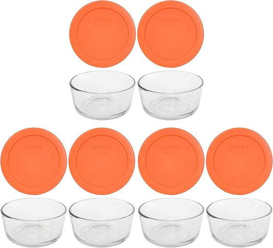 Pyrex (6 7200 2 Cup Glass Dishes & (6) 7200-PC 2 Cup Orange Lids