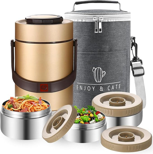 67 Oz Adults Stainless Steel Vacuum Soup Thermos For Hot Food with Inserts Stackable Bento Box and Lunch Bag,Width Mouth Portable Nsulated Food Jar Lunch Container (golden, 67 oz)