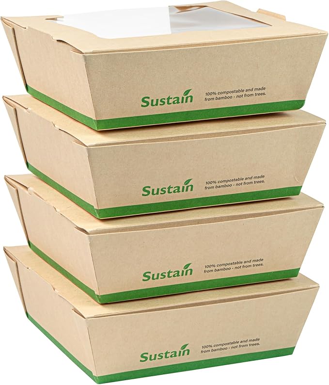 Restaurantware-Sustain 26 Ounce Sturdy Paper Take Out Boxes, 50 Disposable Take Out Food Containers - With PLA lining, Clear PLA Window, Bamboo Paper Containers, Compostable, Tab-Lock Design