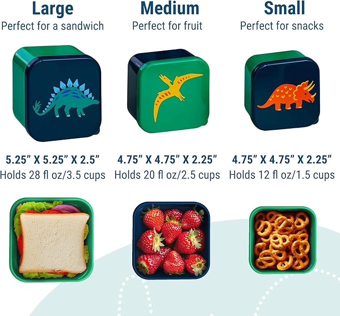 Wildkin Nesting Food Containers for Kids – Stackable, Airtight & Dishwasher Safe - Set of 3 - Jurassic Dinosaurs