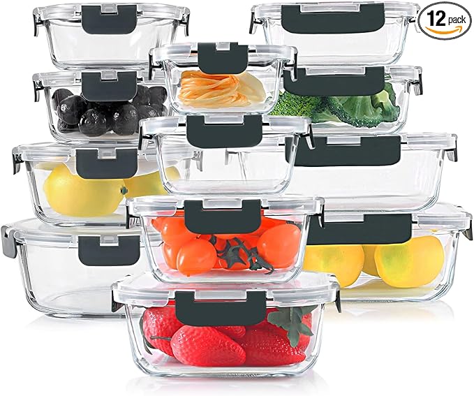 12 Pack Glass Food Storage Containers with Airtight Lids,Glass Meal Prep Containers with, Bento Boxes, Airtight Lunch Containers, Microwave,Oven, Freezer, Dishwasher
