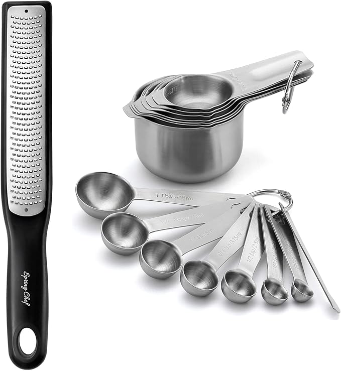 Spring Chef Premium Handheld Zester/Fine Grater, Black & Stainless Steel Measuring Cups and Spoons, Round, Set of 15-2 Product Bundle