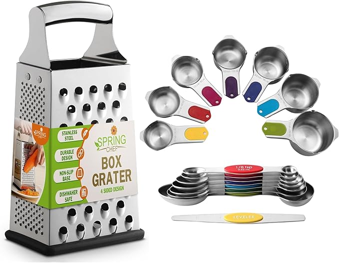 Spring Chef 4 Sided Large Box Grater with Handle & Stainless Steel Magnetic Measuring Cups & Spoons Set of 15 with Leveler, Multicolor- 2 Product Bundle