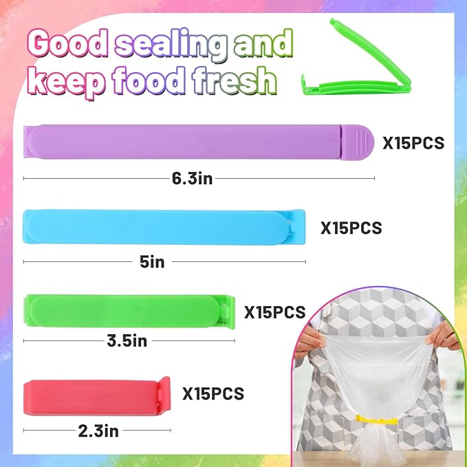 60 PCS 4 Sizes Chip Clips - Plastic Food Bag Storage Clips Bread Clamp Sealer for Home Kitchen Food Fresh Keeping (6.3 in, 5 in, 3.5 in, 2.3 in)
