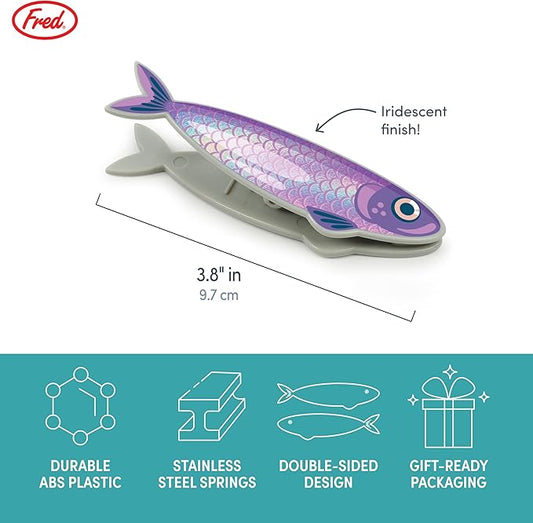 Genuine Fred FISH 'N CLIPS Sardine Bag Clips, Set of 4 Food Storage Clips, Iridescent Finish, Double-Sided, Durable Plastic and Stainless Steel Springs, Fun Kitchen Accessories and Great Gift
