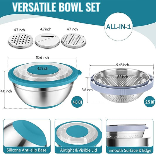 P&P CHEF 4-In-1 Stainless Steel Colander with Bowl Set, Rotatable Strainers for Kitchen, Fruit Cleaner, Washing Fruit & Draining Pasta, Mixing Bowl and Lid with Grater for Salad, Blue