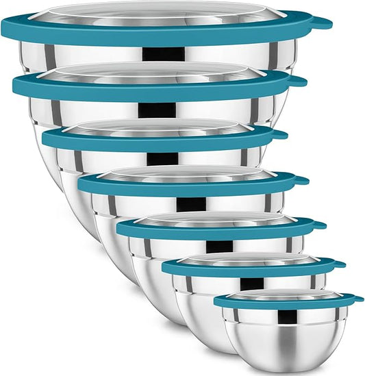 P&P CHEF Mixing Bowl with Lid Set, Stainless Steel Nesting Salad Bowls for Cooking Serving Prepping, Clear Lids & Stackable Design, Size 4.6, 3.5, 3, 2, 1.5, 1, 0.7 Qt - Blue, Set of 7