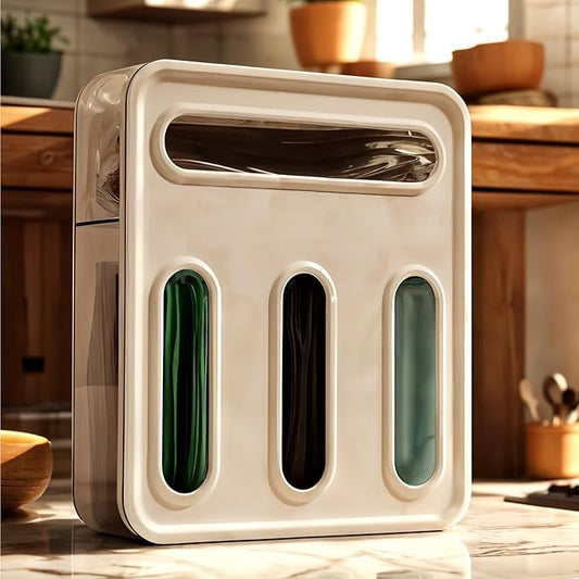 Food Storage Bag Organizer for Kitchen Drawer, 4-Slot, Wall-Mountable, Plastic Sandwich Bag Dispenser with Locking Lid Design