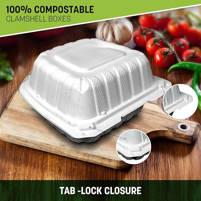 6X6X3 50 Pcs Plastic Clamshell Takeout Food Trays Heavy Duty Disposable Box For Pasta Salad Sandwich Meal Prep Packaging Catering Hinged Containers With Secure Snap Lid