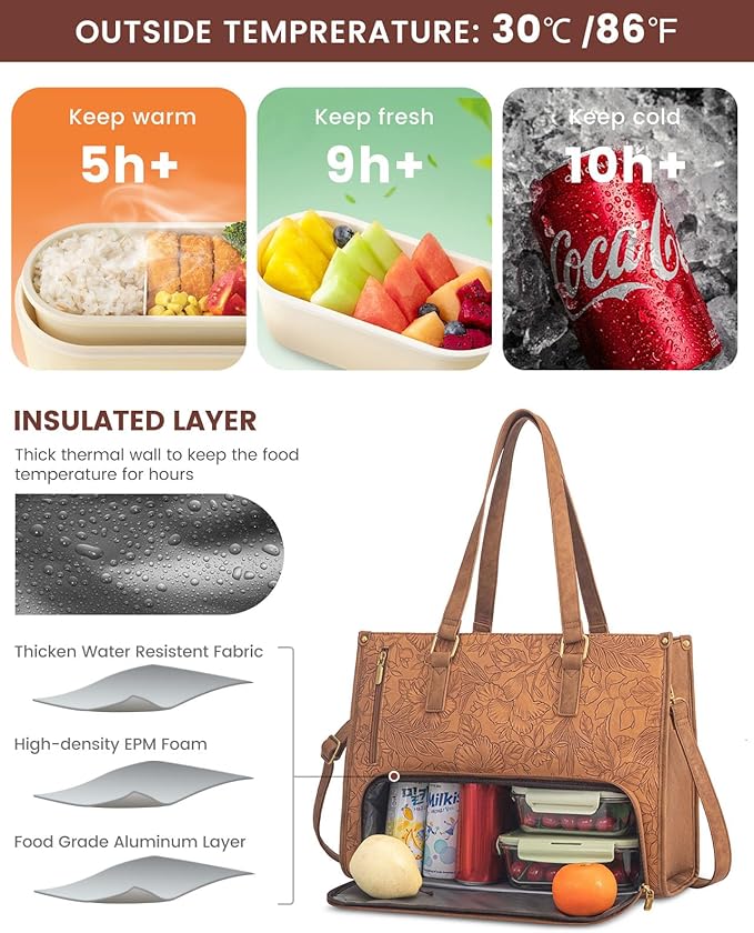 LOVEVOOK Lunch Tote Bag for Women, 15.6 Inch Laptop Bag with Insulated Lunch Compartment, Quilted Large Capacity Computer Handbag with Purse for Business, Work, Office, Casual, Yellowish brown